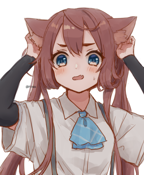 1girl animal_ears arm_warmers asagumo_(kancolle) ascot bangs blue_eyes blush brown_hair cat_ears fang hair_between_eyes kantai_collection long_hair looking_at_viewer nuno_(pppompon) open_mouth parted_lips shirt short_sleeves sidelocks simple_background skin_fang solo suspenders sweat twintails twitter_username upper_body very_long_hair white_background white_shirt