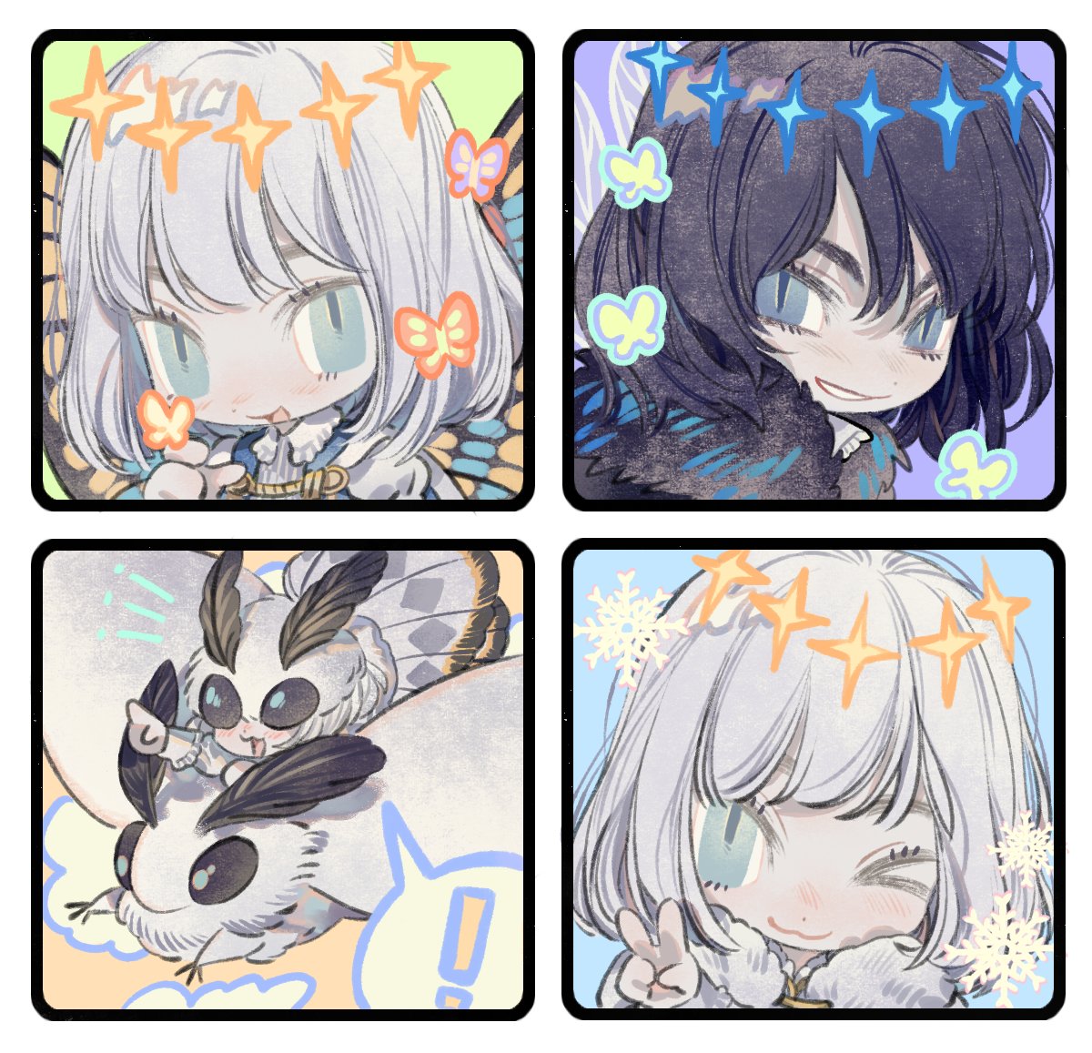 ! &gt;_o 1boy :3 aqua_eyes arthropod_boy bangs black_hair blue_eyes blush bug butterfly butterfly_wings chibi diamond_hairband fate/grand_order fate_(series) fur_trim grey_hair hairband insect_wings moth multiple_views oberon_(fate) one_eye_closed pan_(iway22) snowflakes spoken_exclamation_mark v wings