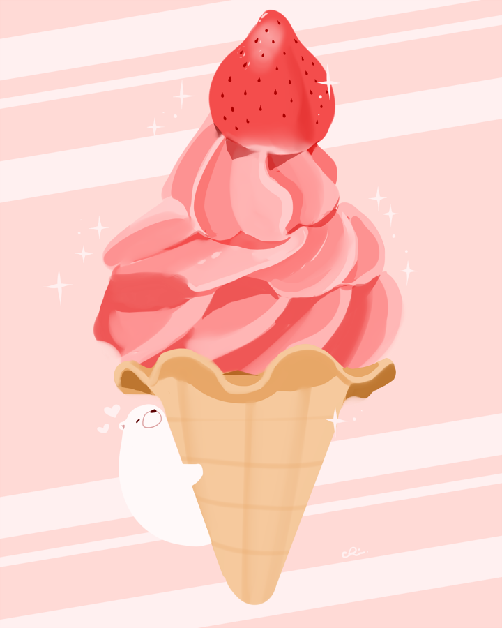 animal bear chai_(drawingchisanne) commentary_request food food_focus fruit heart hug ice_cream ice_cream_cone no_humans object_hug original polar_bear signature soft_serve sparkle strawberry striped striped_background undersized_animal