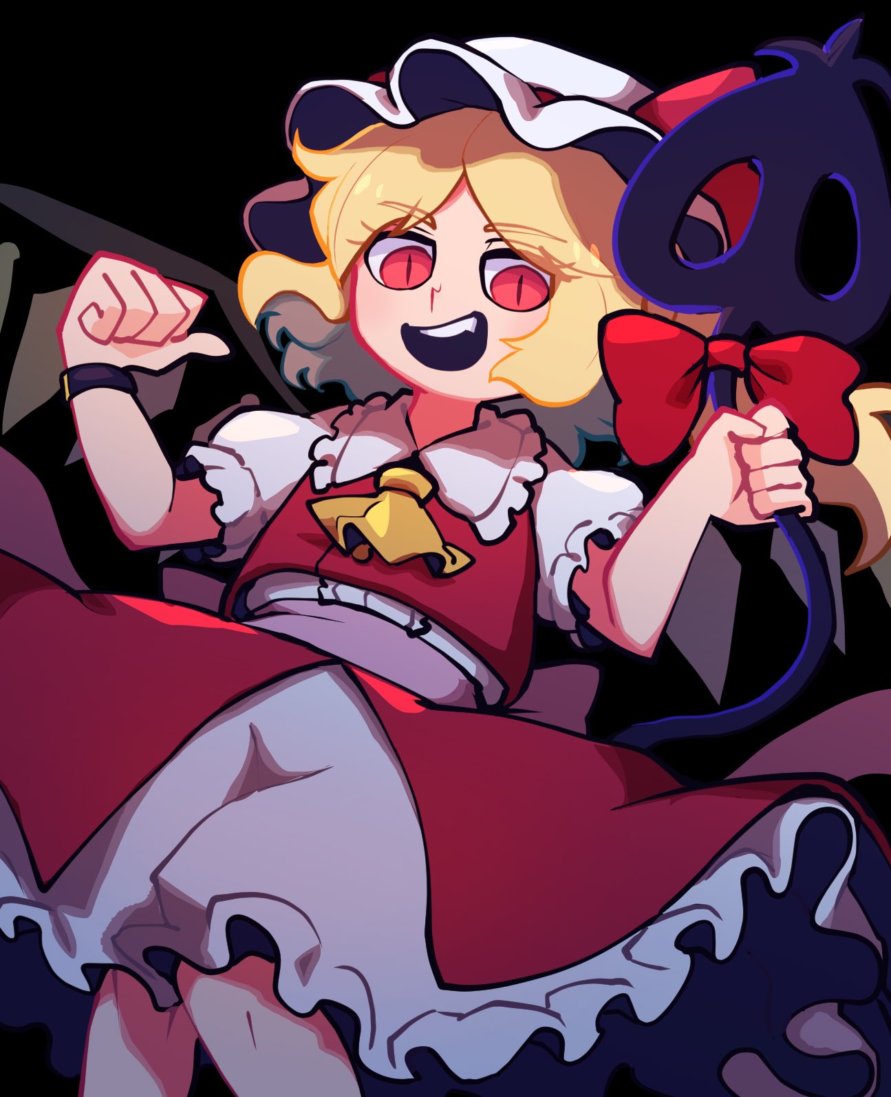 1girl ascot black_background blonde_hair bow collared_shirt cropped_legs crystal crystal_wings eyebrows_visible_through_hair fang flandre_scarlet frilled_shirt_collar frilled_skirt frilled_sleeves frills hat highres holding holding_weapon iganashi1 laevatein_(touhou) looking_at_viewer mob_cap open_mouth pointing pointing_at_self puffy_short_sleeves puffy_sleeves red_bow red_eyes red_skirt red_vest shirt short_hair short_sleeves simple_background skirt skirt_set slit_pupils solo teeth touhou vest weapon white_shirt wings wrist_cuffs yellow_ascot