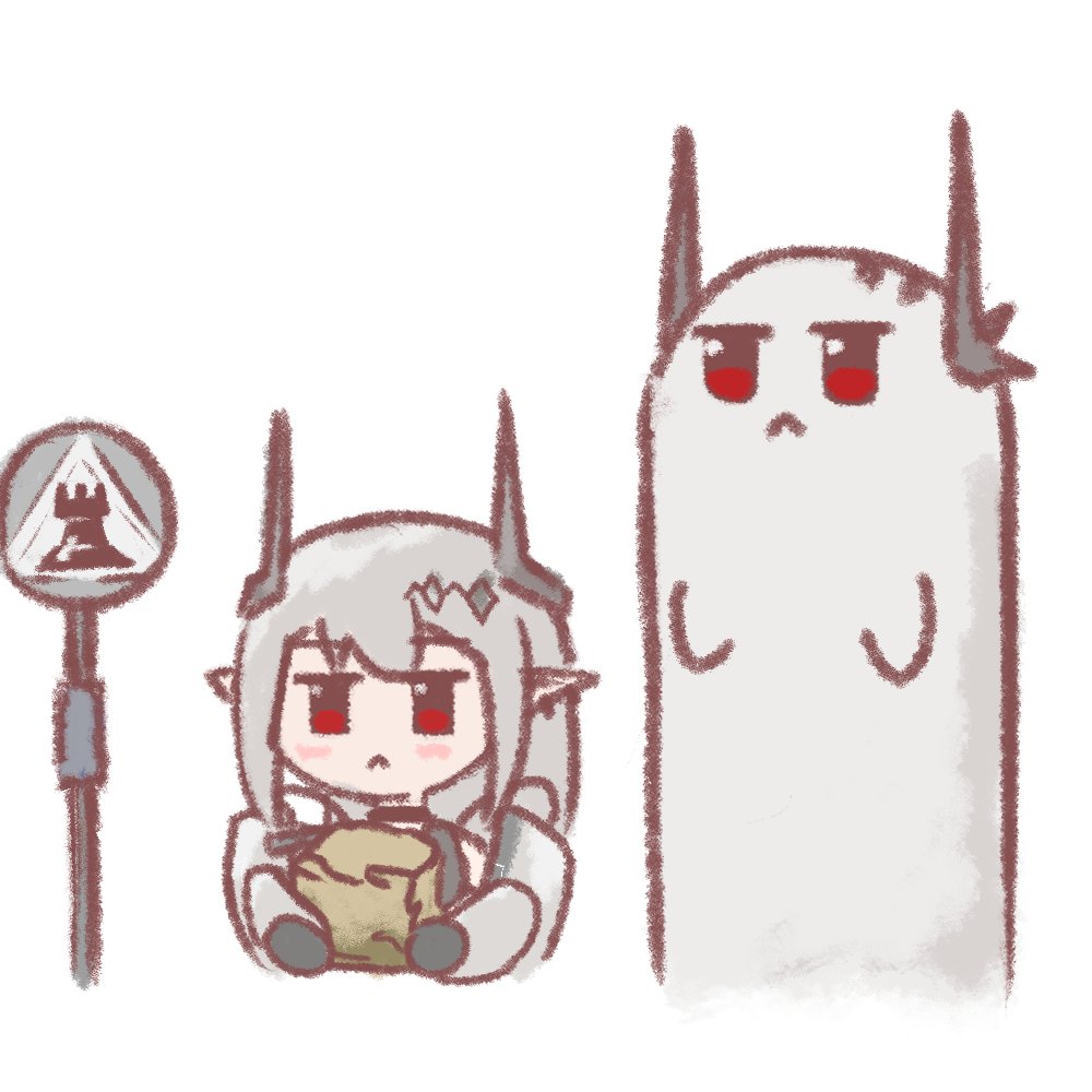 1girl :&lt; arknights bangs black_choker black_gloves blush_stickers chibi choker closed_mouth commentary dual_persona eyebrows_visible_through_hair gloves grey_hair holding horns jumpsuit justyoki long_hair long_sleeves mixed-language_commentary mudrock_(arknights) pointy_ears red_eyes road_sign sign sketch tonari_no_totoro white_jumpsuit