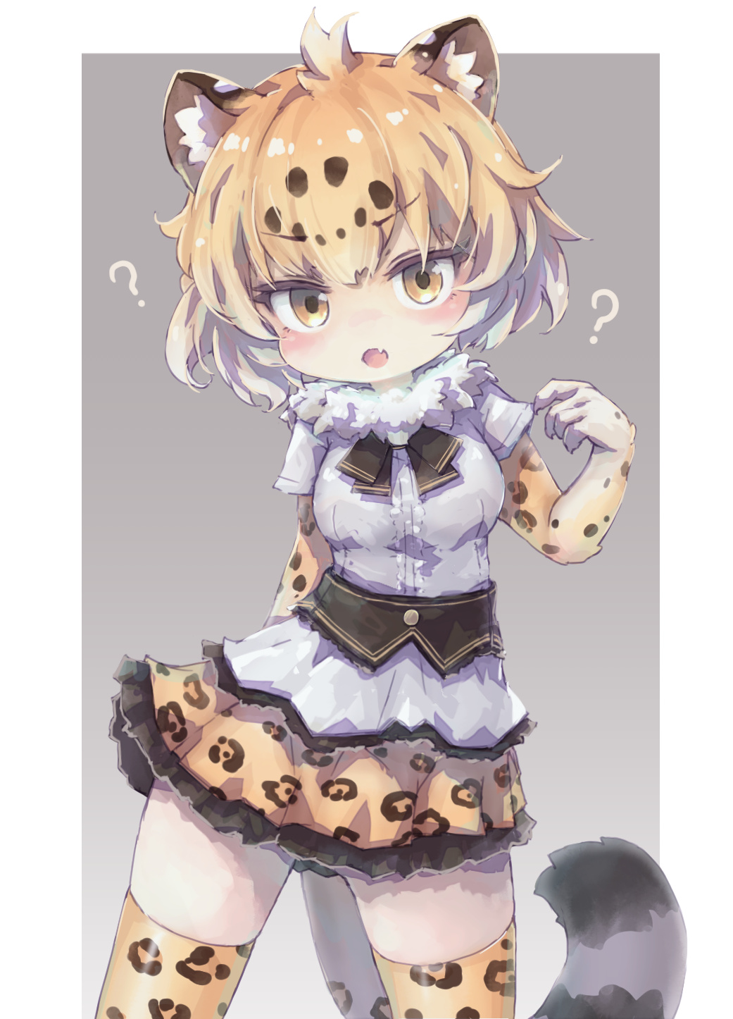 1girl ? adapted_costume animal_ears black_bow black_bowtie blonde_hair border bow bowtie brown_hair commentary_request cowboy_shot elbow_gloves eyebrows_visible_through_hair fang frilled_skirt frills fur_collar gloves grey_background highres jaguar_(kemono_friends) jaguar_ears jaguar_girl jaguar_print jaguar_tail kemono_friends kolshica multicolored_hair open_mouth pleated_skirt print_gloves print_legwear print_skirt shirt short_hair short_sleeves skirt solo standing t-shirt tail thigh-highs two-tone_background white_border white_fur white_hair white_shirt yellow_eyes zettai_ryouiki