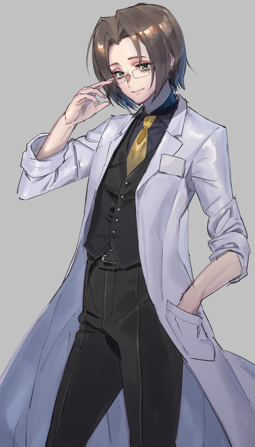 1boy bangs belt brown_hair buttons closed_mouth glasses green_eyes highres higurashi_no_naku_koro_ni irie_kyousuke labcoat looking_at_viewer necktie pants parted_bangs shirt short_hair smile solo tanakalma vest