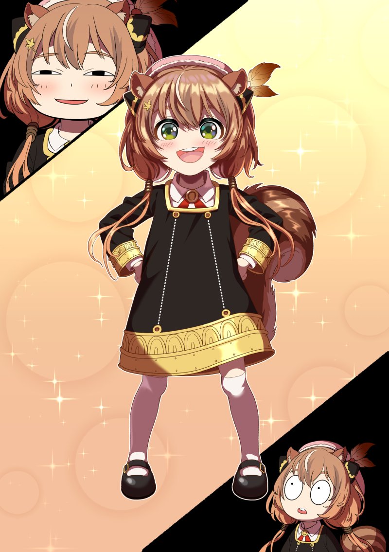 1girl agie_al_canedo animal_ear_fluff animal_ears anya's_heh_face_(meme) anya_(spy_x_family) anya_(spy_x_family)_(cosplay) beret black_dress brown_hair collared_shirt cosplay dress english_commentary eyebrows_behind_hair hair_ornament hat hololive hololive_indonesia leaf_hair_ornament low_twintails meme multiple_views open_mouth pink_headwear second-party_source shirt spy_x_family squirrel_ears squirrel_tail surprised tail thigh-highs twintails virtual_youtuber white_legwear white_shirt