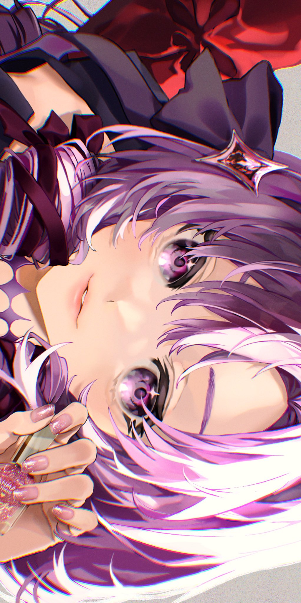 1girl arm_up bangs bottle choker hair_ornament hand_up highres holding holding_bottle hyakumantenbara_salome looking_at_viewer nail_polish nail_polish_bottle nijisanji parted_lips pink_nails portrait purple_choker purple_hair seventime_7 sideways solo violet_eyes virtual_youtuber