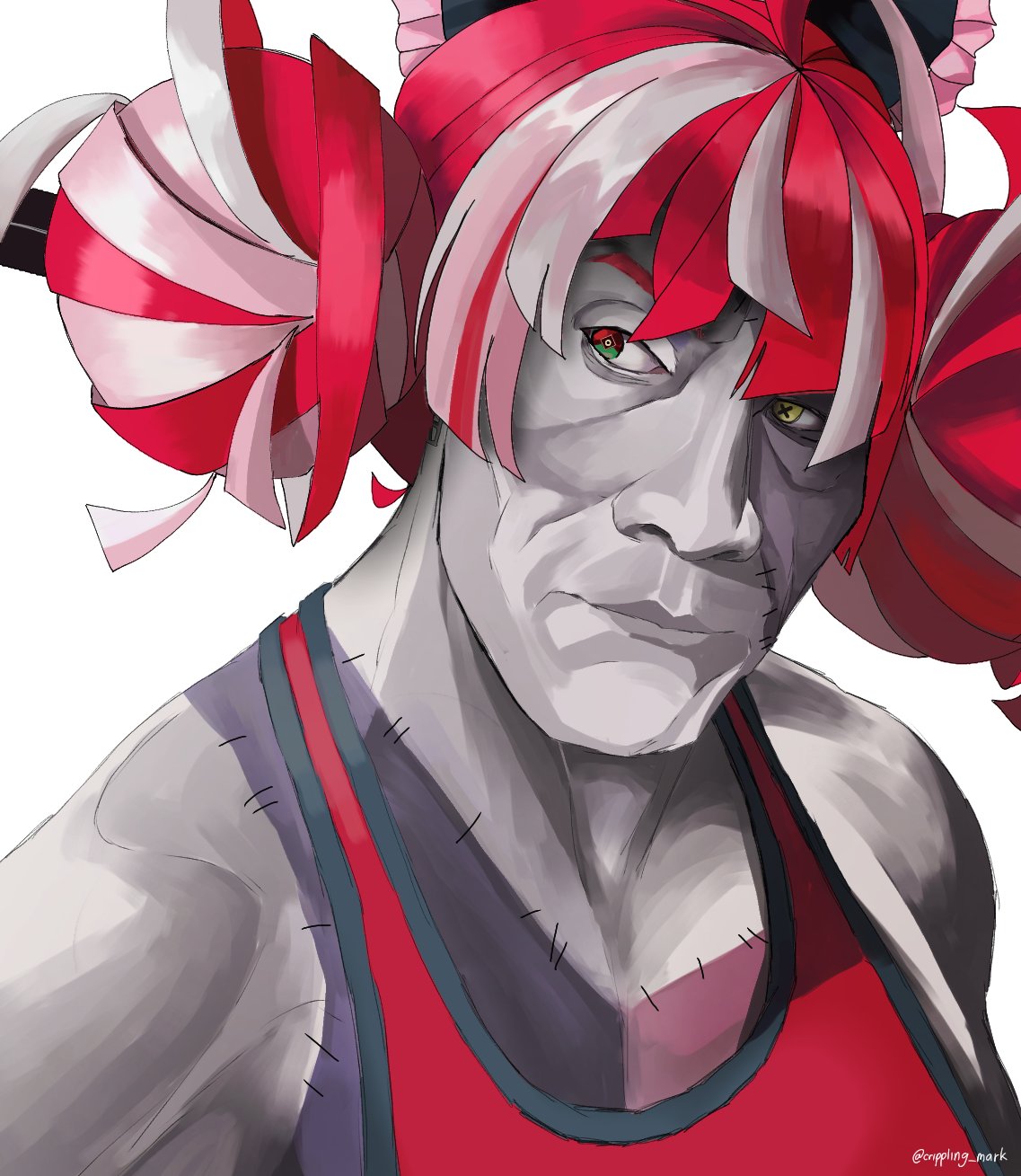 1girl alma_(crippling_mark) black_bow bow colored_skin double_bun fusion grey_hair grey_skin hair_bow hair_bun heterochromia highres hololive hololive_indonesia kureiji_ollie looking_to_the_side meme muscular muscular_female pink_hair portrait red_eyes red_tank_top solo tank_top the_rock's_eyebrow_raise_(meme) the_rock_(dwayne_johnson) vine_boom_(meme) virtual_youtuber white_background yellow_eyes zombie