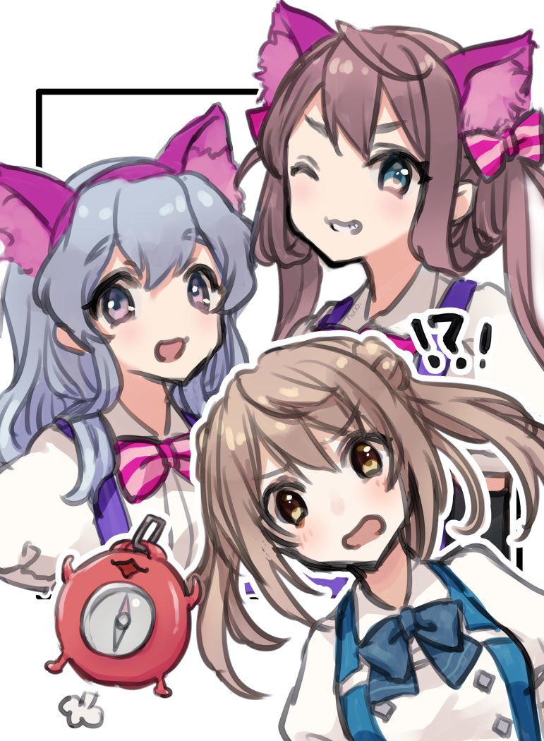 !? 3girls =3 alice_in_wonderland animal_ears asagumo_(kancolle) bangs blush bow compass double_bun dress enemy_lifebuoy_(kancolle) eyebrows_visible_through_hair fake_animal_ears grey_hair grin hair_between_eyes hair_bow hair_bun kantai_collection long_hair looking_at_viewer michishio_(kancolle) multiple_girls nuno_(pppompon) official_alternate_costume one_eye_closed open_mouth simple_background smile twintails yamagumo_(kancolle)