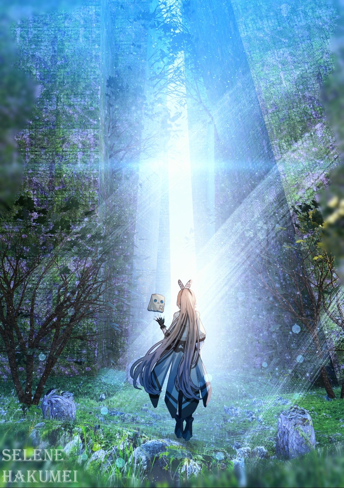 1girl ankle_boots artist_name boots brown_capelet brown_cloak brown_hair building cape capelet cloak feather_hair_ornament feathers fingerless_gloves foliage friend_(nanashi_mumei) gloves grass hair_ornament highres hololive hololive_english landscape lens_flare light_particles light_rays long_hair nanashi_mumei overgrown ponytail rock selene_hakumei skyscraper tree very_long_hair virtual_youtuber