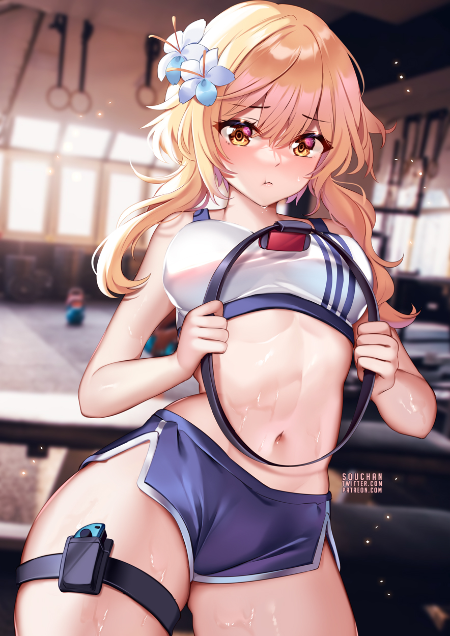 artist_name blonde_hair blurry blurry_background blush depth_of_field dripping flower genshin_impact gym holding indoors looking_at_viewer lumine_(genshin_impact) navel pout ring_fit_adventure short_hair short_shorts solo sports_bra sportswear squchan stomach sweat sweating_profusely thighs yellow_eyes