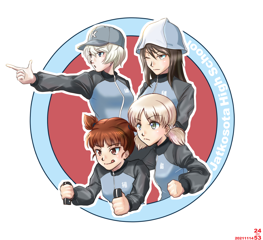 4girls :q aki_(girls_und_panzer) artist_logo bangs baseball_cap blue_eyes blue_headwear blue_jacket brown_eyes brown_hair circle clenched_hand closed_mouth commentary dated english_commentary eyebrows_visible_through_hair finnish_text frown girls_und_panzer green_eyes hair_tie hat instrument jacket kantele keizoku_military_uniform light_brown_hair long_hair looking_to_the_side low_twintails mika_(girls_und_panzer) mikko_(girls_und_panzer) multiple_girls nishi_itsumi one_eye_closed outline pointing red_eyes redhead short_hair short_twintails sitting smile standing tongue tongue_out track_jacket tulip_hat twintails white_hair white_outline youko_(girls_und_panzer)