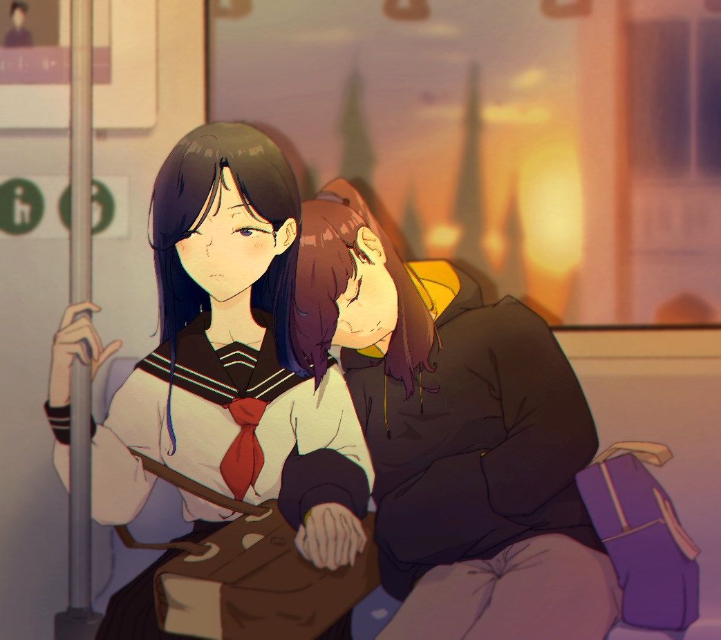 abellwlh bag black_hair blue_hair blurry blush brown_hair closed_eyes depth_of_field facing_viewer hand_in_pocket holding_hands hood hoodie interlocked_fingers leaning_on_person long_hair multicolored_hair original ponytail school_bag school_uniform serafuku sitting sunset train_interior yuri