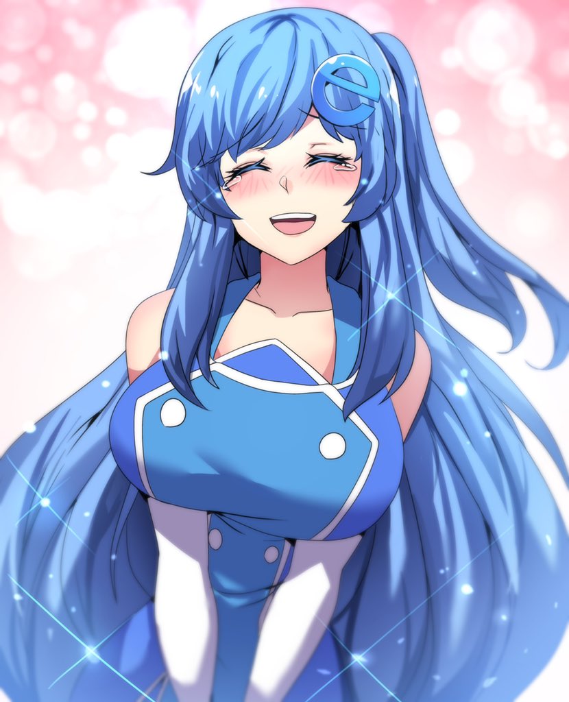 1girl blue_hair blush breast_squeeze breasts crying hinghoi internet_explorer internet_explorer_(merryweather) internet_explorer_(webcomic) long_hair merryweather open_mouth own_hands_together personification side_ponytail simple_background smile solo v_arms