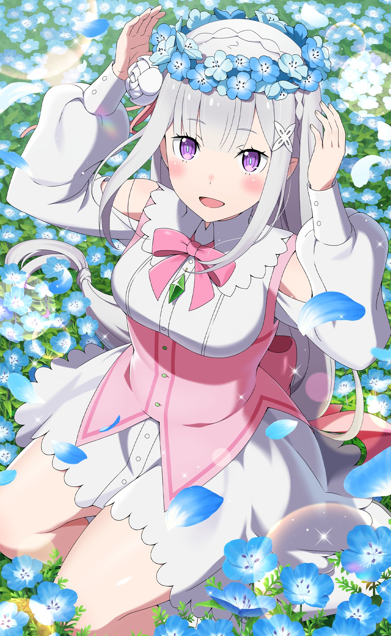 1girl bare_shoulders blue_flower bow breasts bubble_blowing dress dress_bow elf emilia_(re:zero) flower flower_wreath gem head_wreath highres long_hair long_sleeves looking_at_viewer medium_breasts official_alternate_costume official_art open_mouth petals pointy_ears re:zero_kara_hajimeru_isekai_seikatsu re:zero_kara_hajimeru_isekai_seikatsu:_lost_in_memories smile violet_eyes white_dress white_hair