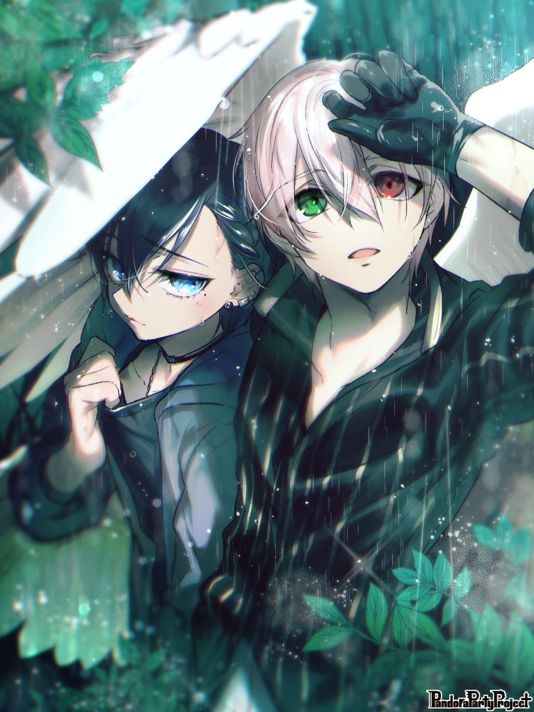 2boys black_gloves black_shirt blue_eyes braid choker copyright_name day ear_piercing feathered_wings gloves green_eyes hair_between_eyes hand_up heterochromia looking_up male_focus mole mole_under_eye morino_bambi multiple_boys outdoors pandora_party_project piercing rain red_eyes shirt short_hair wet white_wings wings