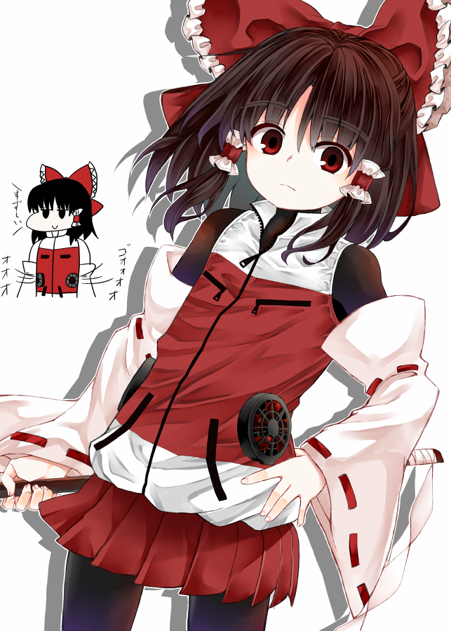 1girl alternate_costume bodysuit bodysuit_under_clothes bow brown_hair detached_sleeves frilled_bow frilled_hair_tubes frills gohei hair_bow hair_tubes hakurei_reimu miniskirt multicolored_clothes pantyhose red_bow red_eyes red_skirt red_vest ribbon-trimmed_sleeves ribbon_trim short_hair sidelocks simple_background skirt solo sportswear touhou vest white_background white_sleeves white_vest wide_sleeves zetsumame