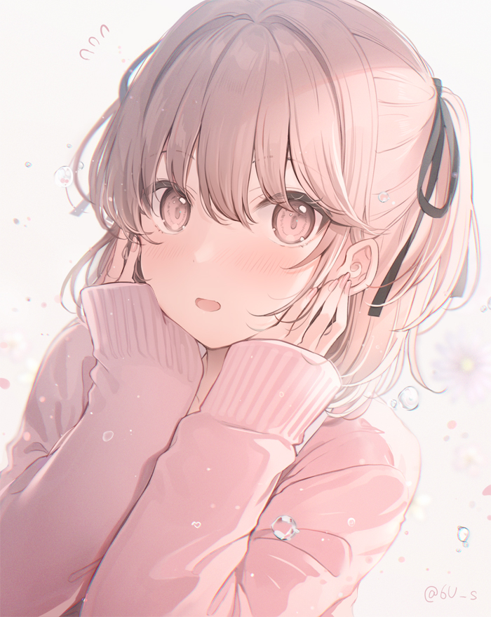 1girl 6u_(eternal_land) black_ribbon blush brown_eyes brown_hair flying_sweatdrops hair_intakes hair_ribbon hands_on_own_cheeks hands_on_own_face looking_at_viewer original pink_sweater ribbon solo sweater symbol-only_commentary twitter_username two_side_up water_drop