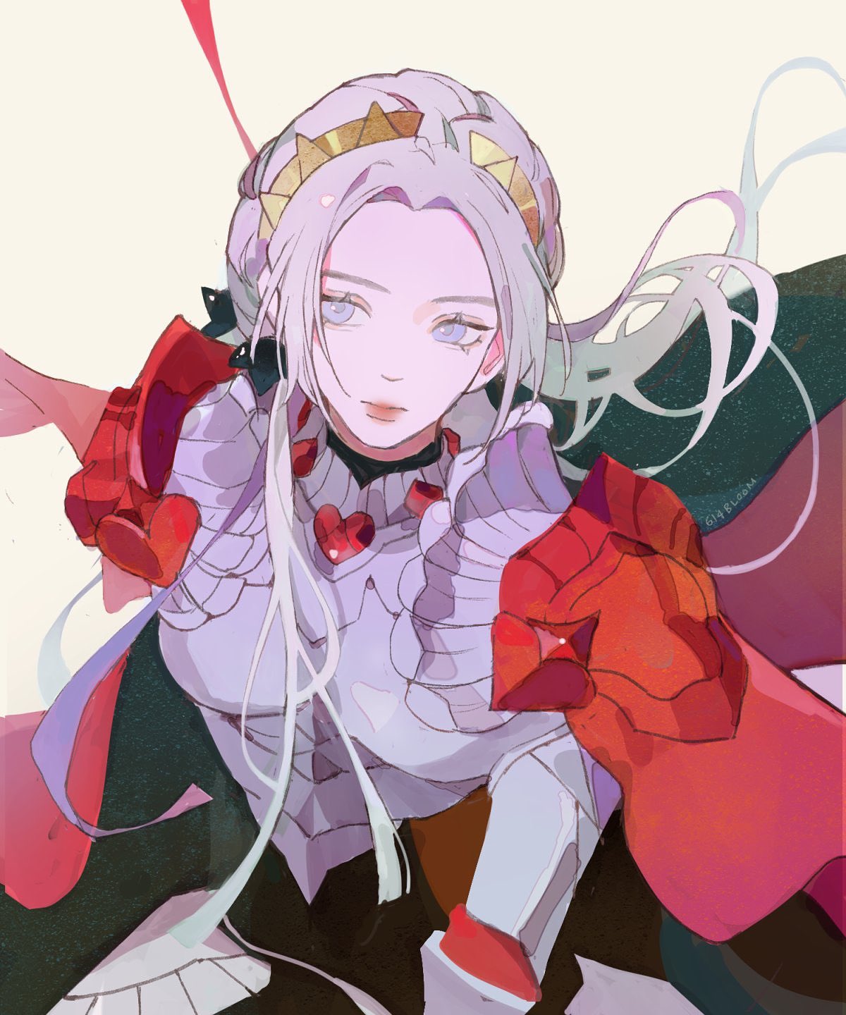 1girl alternate_hairstyle armor artist_request axe breastplate breasts cape edelgard_von_hresvelg fire_emblem fire_emblem:_three_houses fire_emblem_warriors:_three_hopes gloves hair_ornament hair_ribbon highres long_hair looking_at_viewer official_alternate_costume red_cape ribbon simple_background solo violet_eyes weapon white_hair