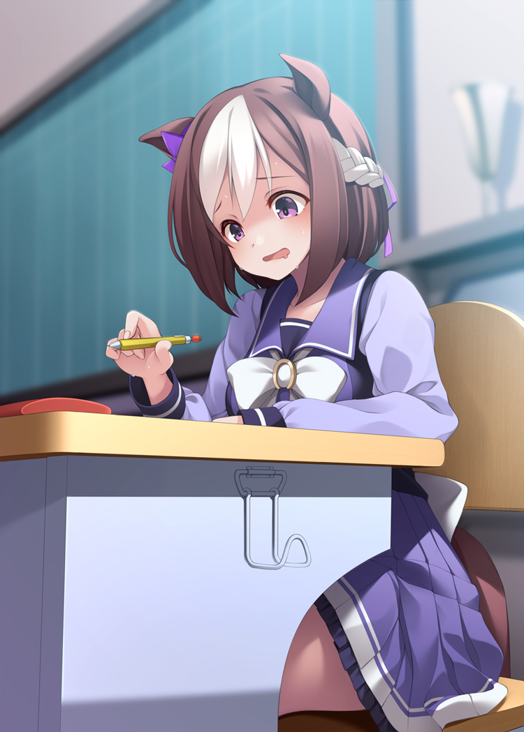 1girl animal_ears blurry blurry_background chair classroom commentary_request desk horse_ears medium_hair mofu_namako pen school_uniform sitting solo special_week_(umamusume) sweat sweating_profusely tracen_school_uniform umamusume violet_eyes