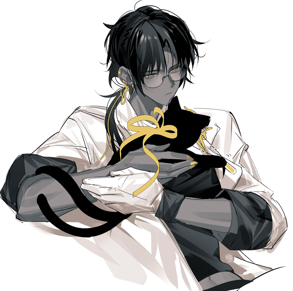 1boy 1girl arknights bishounen black_cat black_hair black_shirt cat christine_(arknights) coat cowboy_shot ear_piercing glasses holding male_focus pienahenggou piercing ponytail ribbon shirt short_hair sitting solo_focus thorns_(arknights) white_coat yellow_eyes yellow_ribbon