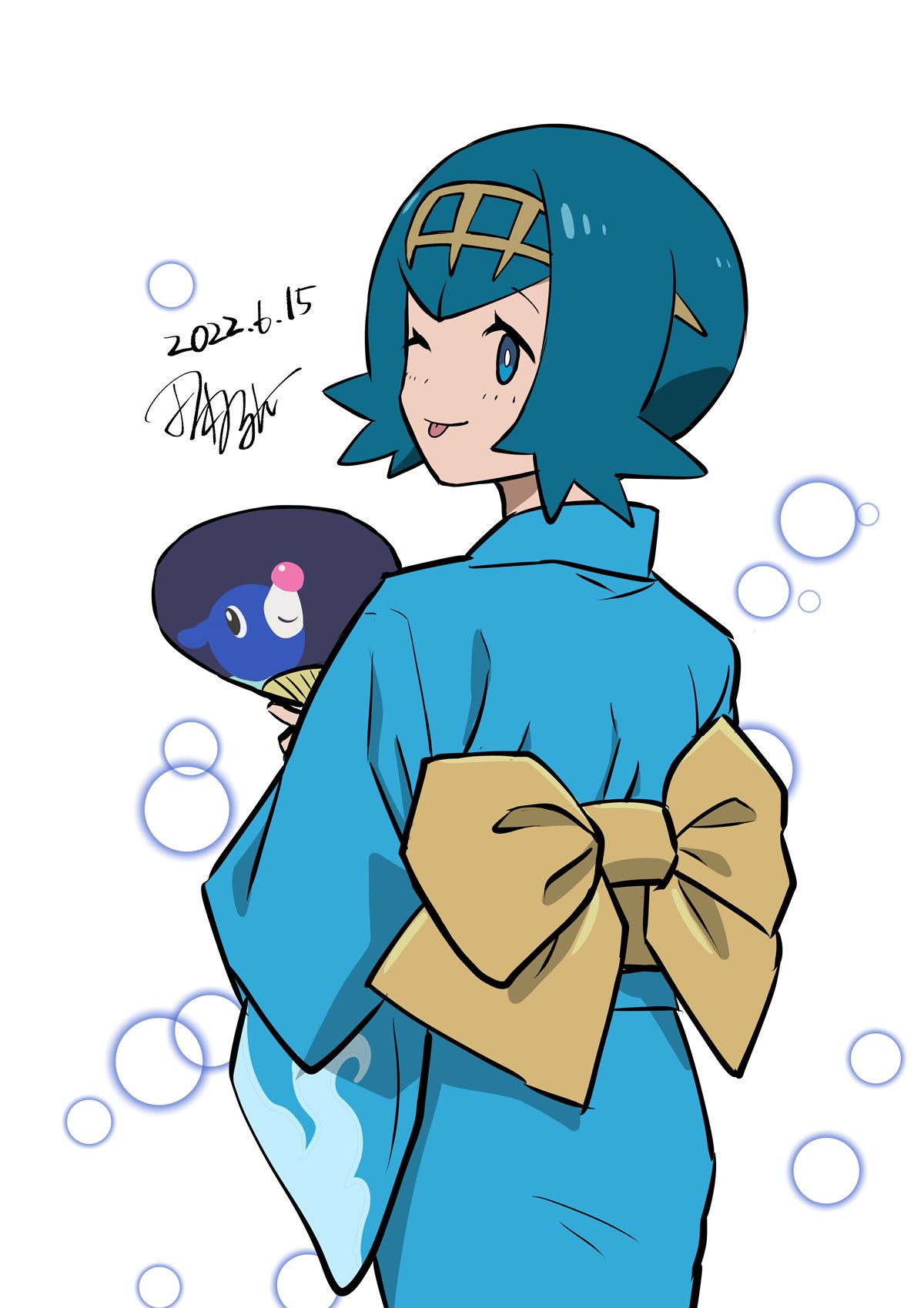 1girl ;p alternate_costume blue_eyes blue_hair blue_kimono bright_pupils bubble character_print commentary_request dated from_behind hairband highres japanese_clothes kimono lana_(pokemon) no_sclera one-hour_drawing_challenge one_eye_closed pokemon pokemon_(anime) pokemon_sm_(anime) popplio sash short_hair signature tamura_(kouititamura) tongue tongue_out white_background white_pupils yellow_hairband yellow_sash