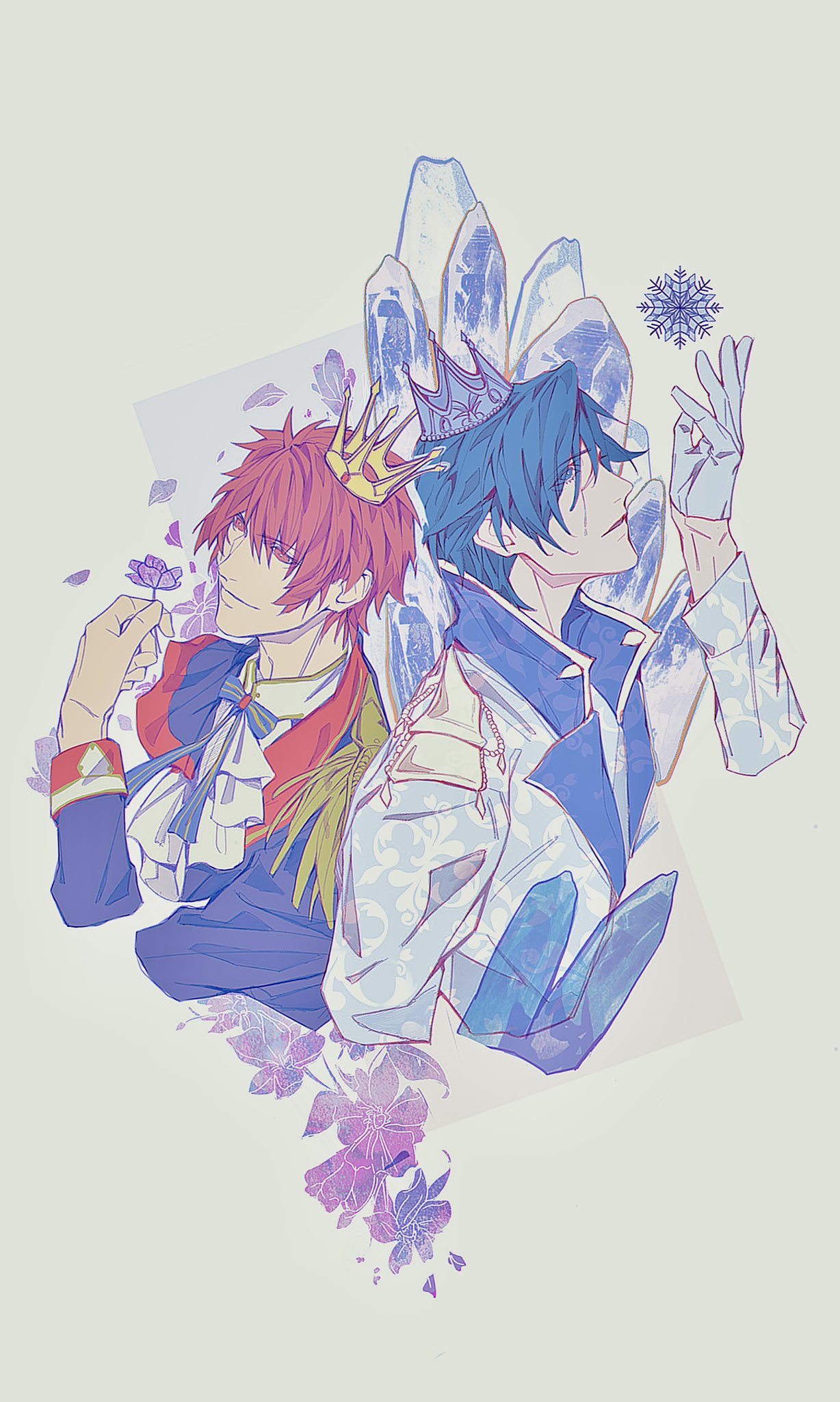 2boys ascot blue_bow blue_bowtie blue_eyes blue_gloves blue_hair blue_jacket bow bowtie collared_jacket collared_shirt cropped_torso crown crying crying_with_eyes_open epaulettes floral_background flower from_side gloves hair_between_eyes half_gloves hand_up highres holding holding_flower ice ichinose_tokiya ittoki_otoya jacket looking_at_object looking_up male_focus multiple_boys official_alternate_costume parted_lips patterned_clothing pink_flower polar_opposites profile qqelephant1 red_eyes redhead shirt short_hair simple_background sleeve_cuffs smile snowflakes striped striped_bow striped_bowtie symbol-only_commentary tears uta_no_prince-sama uta_no_prince-sama:_shining_live white_ascot white_background white_shirt