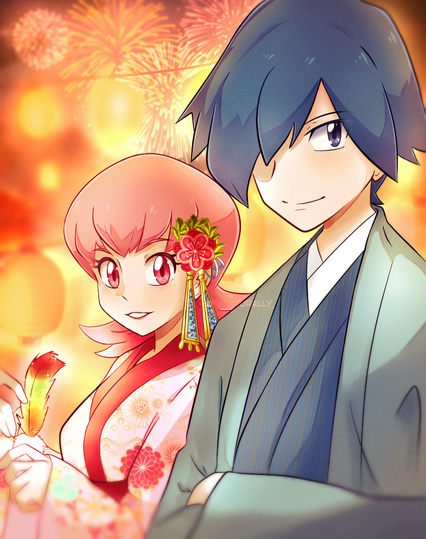 1boy blue_eyes blue_hair blue_jacket blue_kimono couple falkner_(pokemon) fireworks hair_over_one_eye hat holding ishida_akira_(seiyuu) jacket japanese_clothes kimono male_focus nana-sapphy open_mouth pokemon pokemon_(anime) pokemon_(game) pokemon_gsc pokemon_hgss short_hair smile violet_city whitney_(pokemon) zephyr_badge