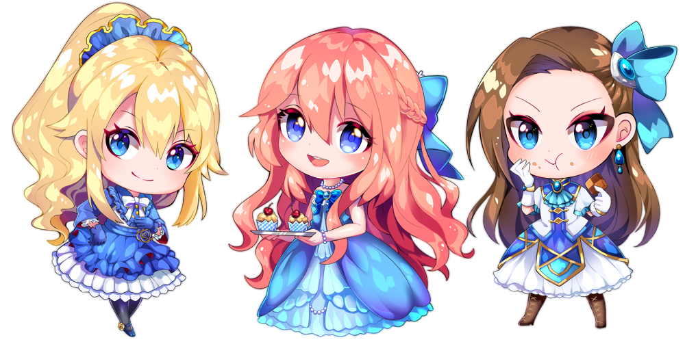 3girls akuyaku_reijo_nano_de_last_boss_wo_kattemimashita akuyaku_reijou_wa_ringoku_no_outaishi_ni_dekiai_sareru blonde_hair blue_dress blue_eyes braid brown_hair chibi crossover dress french_braid irene_loren_d'authrice katarina_claes long_hair multiple_crossover multiple_girls otome_game_no_hametsu_flag_shika_nai_akuyaku_reijou_ni_tensei_shite_shimatta outfit_connection tiarose_lapis_clementille trait_connection yuma_(pixiv38148735)