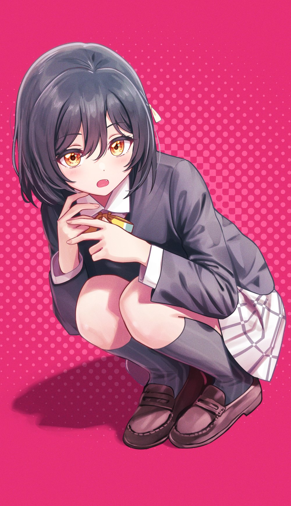 1girl bangs black_hair black_jacket black_legwear blazer bow bowtie brown_footwear checkered_clothes checkered_skirt commentary_request deadnooodles dot_nose eyebrows_visible_through_hair fang grey_skirt hair_between_eyes highres jacket light_blush long_sleeves looking_at_viewer love_live! love_live!_nijigasaki_high_school_idol_club mifune_shioriko open_mouth over-kneehighs own_hands_together pink_background shirt shoes short_hair simple_background skirt solo squatting thigh-highs white_shirt wing_collar yellow_bow yellow_bowtie yellow_eyes