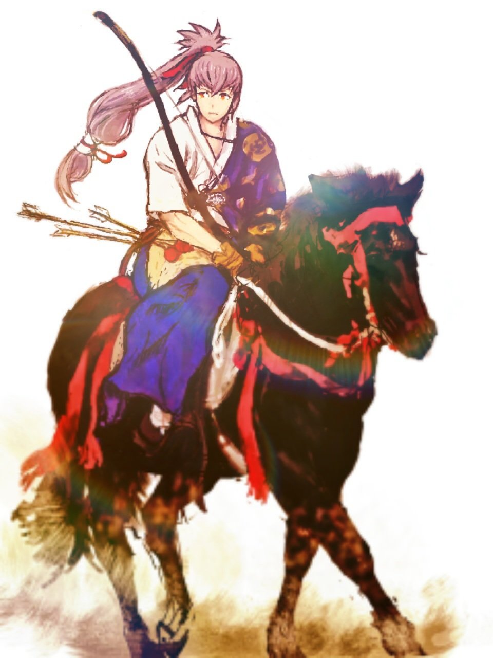 arrow_(projectile) bangs bow_(weapon) fire_emblem fire_emblem_fates highres holding holding_bow_(weapon) holding_weapon horseback_riding japanese_clothes long_hair looking_to_the_side pichimura ponytail riding takumi_(fire_emblem) weapon white_hair
