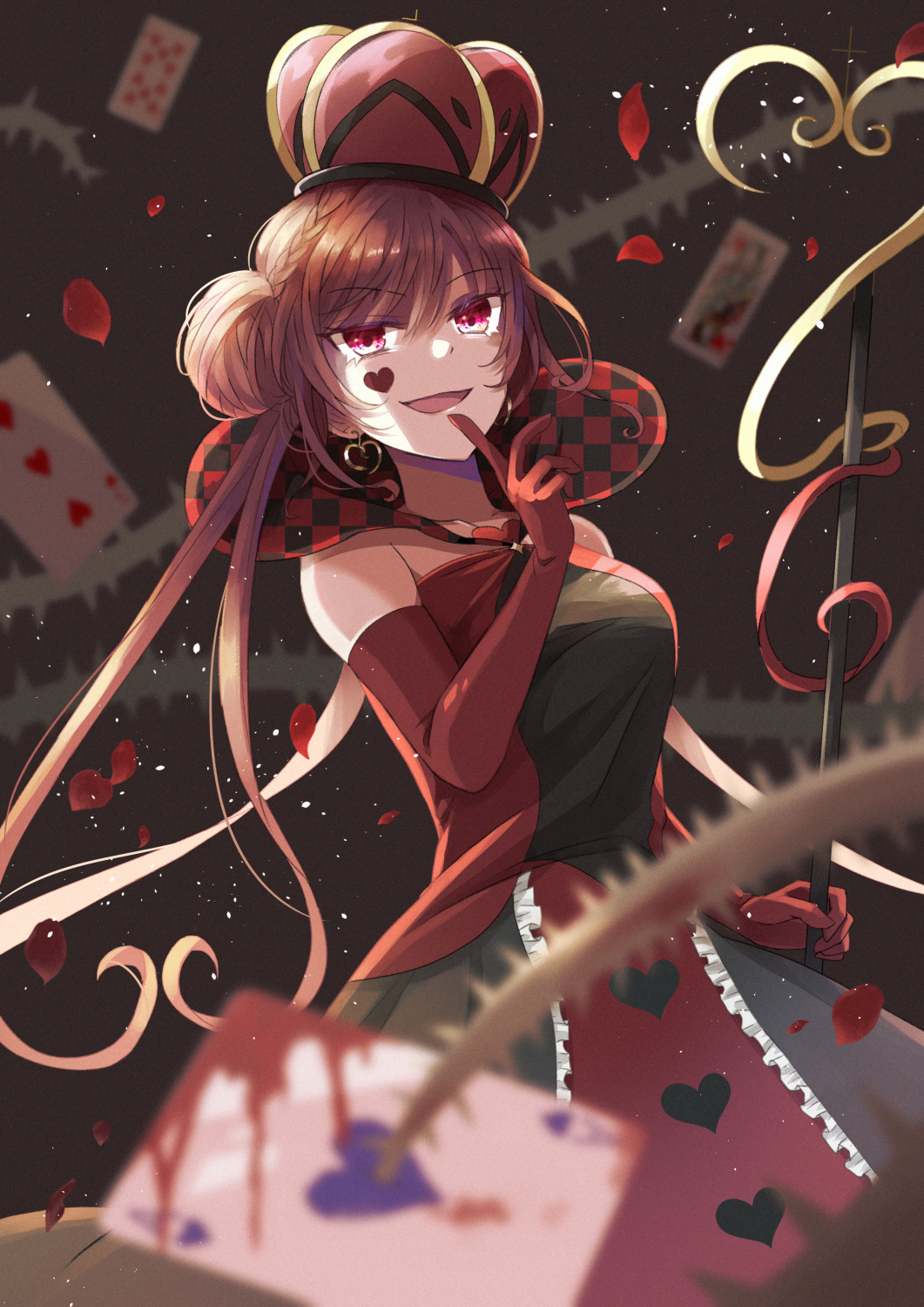1girl breasts card crown double_bun dress elbow_gloves facing_to_the_side gloves hair_bun heart highres konokikiki large_breasts long_hair looking_at_viewer open_mouth original queen_of_hearts_(konokikiki) red_eyes redhead smirk solo twintails