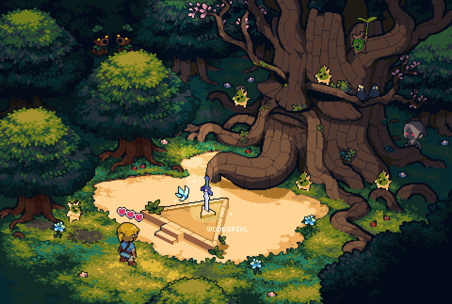 1boy black_headwear blonde_hair blue_shirt brown_gloves dark_link deku_scrub deku_tree english_commentary fairy gloves heart isometric korok leaf master_sword pixel_art red_eyes scenery shirt smile standing sword the_legend_of_zelda the_legend_of_zelda:_breath_of_the_wild tree weapon woodspixl