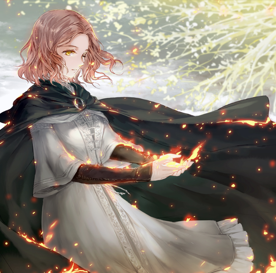 1girl arukas brown_hair burning burning_clothes cape commentary dress elden_ring english_commentary erdtree_(elden_ring) fire floating_hair forehead green_cape grey_dress hood hood_down hooded_cape looking_away melina_(elden_ring) one_eye_closed outdoors short_hair smile solo wavy_hair yellow_eyes