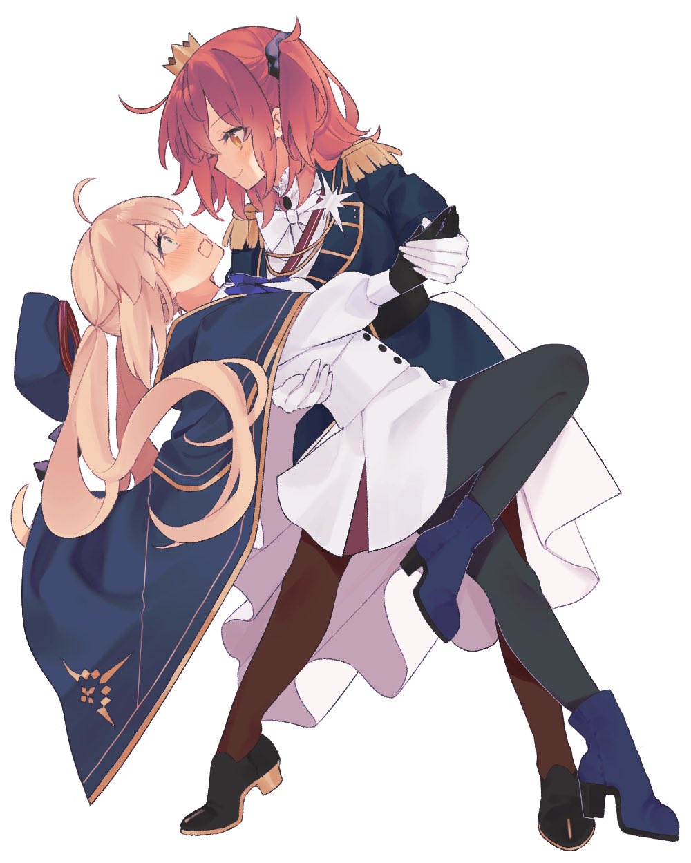 2girls ahoge aiguillette artoria_caster_(fate) artoria_caster_(second_ascension)_(fate) artoria_pendragon_(fate) black_footwear black_gloves black_legwear black_scrunchie blonde_hair blue_cape blue_footwear blue_headwear blue_jacket blush bow bowtie brown_legwear buttons cape closed_mouth commentary_request crown dancing dress epaulettes eyebrows_visible_through_hair fate/grand_order fate_(series) fujimaru_ritsuka_(female) fujimaru_ritsuka_(female)_(halloween_royalty) full_body gloves gold_trim green_eyes hair_ornament hair_scrunchie hand_on_another's_hip hat headwear_removed highres holding_hands jacket long_hair long_sleeves looking_at_another mini_crown multiple_girls open_mouth orange_eyes orange_hair pantyhose ponytail profile scrunchie shirt short_hair side_ponytail simple_background twintails uxco0 white_background white_bow white_dress white_gloves white_shirt yuri