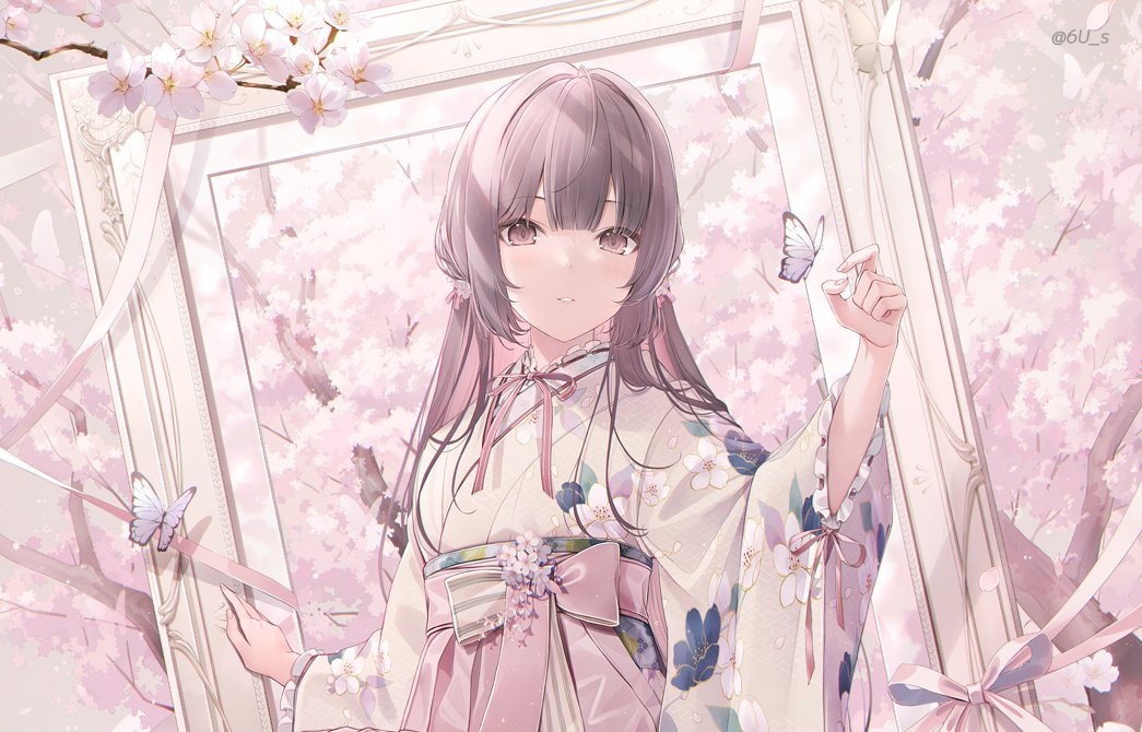 1girl 6u_(eternal_land) bow branch bug butterfly cherry_blossoms cherry_tree floral_print frilled_kimono frills hakama japanese_clothes kimono original parted_lips picture_frame pink_bow pink_ribbon print_kimono ribbon solo symbol-only_commentary tree twitter_username upper_body