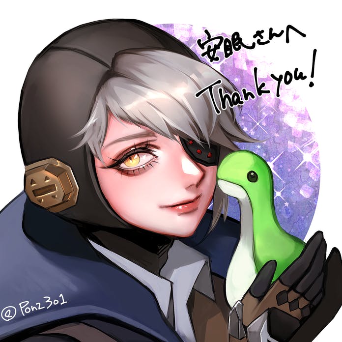 1girl apex_legends black_gloves blue_jacket commission deep_current_wattson eyepatch gloves grey_hair holding holding_stuffed_toy jacket looking_at_viewer official_alternate_costume one_eye_covered shirt skeb_commission smile solo sparkle stuffed_toy tama_(ponz3o1) twitter_username wattson_(apex_legends) white_shirt