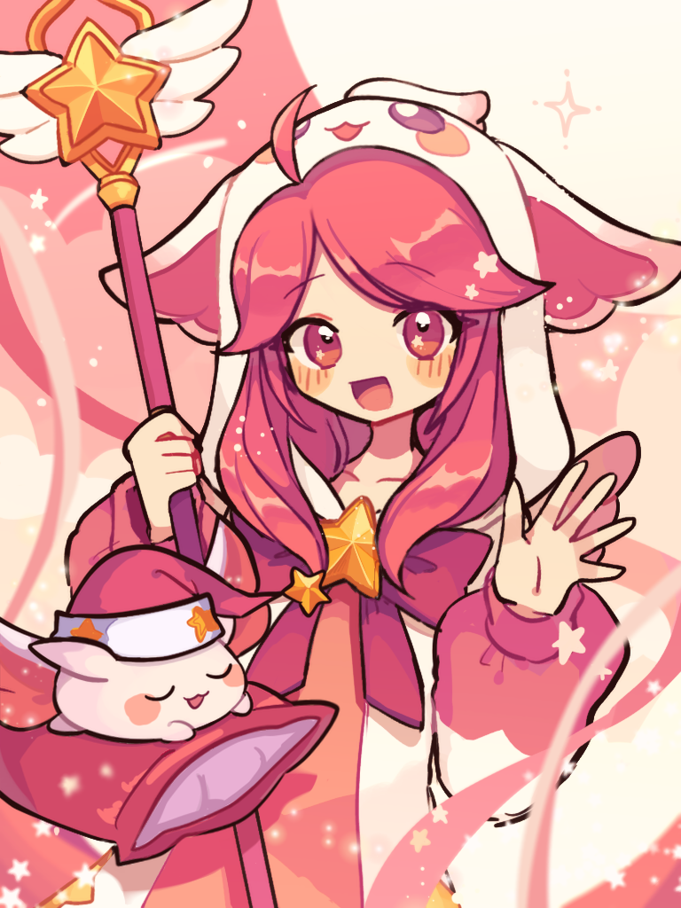 1girl ahoge animal_hat blurry blurry_foreground blush bow collarbone creature eyebrows_visible_through_hair eyes_visible_through_hair hat holding holding_staff league_of_legends long_hair lux_(league_of_legends) megusurisup open_mouth pajama_guardian_lux pajamas pillow pink_eyes pink_hair pink_ribbon red_bow red_headwear ribbon shooting_star sleeping smile sparkle staff star_(sky) star_(symbol) star_guardian_(league_of_legends) star_guardian_lux tongue waving white_headwear