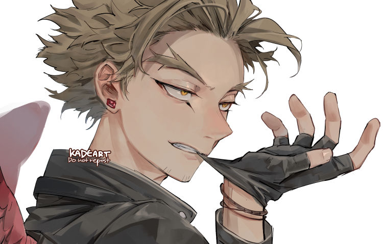 1boy biting blonde_hair boku_no_hero_academia bracelet ear_piercing earrings english_commentary face facial_hair facial_mark feathered_wings feathers fingerless_gloves forked_eyebrows glove_biting gloves goatee hawks_(boku_no_hero_academia) jacket jewelry kadeart long_eyebrows looking_afar male_focus piercing portrait red_feathers red_wings short_hair solo stubble stud_earrings teeth_hold thick_eyebrows twitter_username wings yellow_eyes