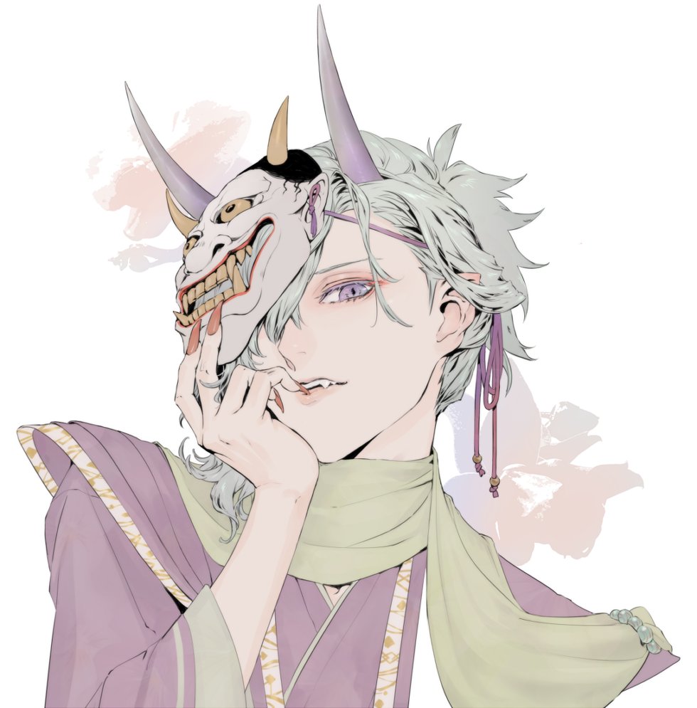 1boy asymmetrical_hair colored_eyelashes expressionless fang fingernails green_scarf hair_over_one_eye hand_on_own_face horns japanese_clothes kimono light_blue_hair lips looking_at_viewer male_focus mask mask_on_head medium_hair meromizawa mikaze_ai official_alternate_costume oni_horns oni_mask parted_lips pointy_ears purple_kimono red_nails scarf sharp_fingernails short_ponytail simple_background solo teeth upper_body upper_teeth uta_no_prince-sama uta_no_prince-sama:_shining_live violet_eyes white_background