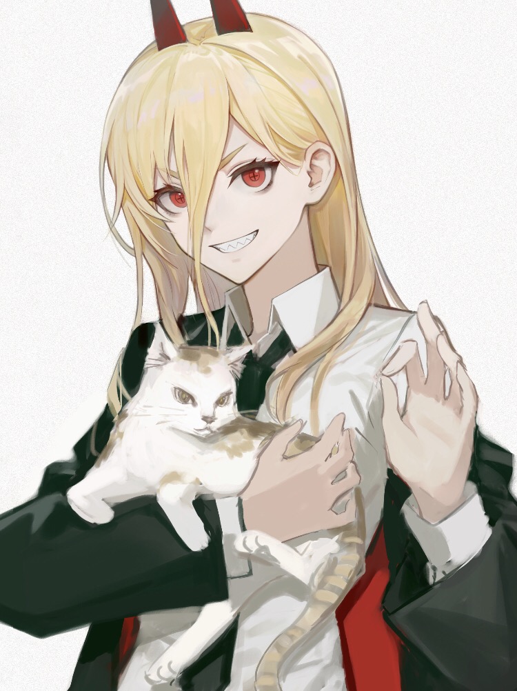 &gt;:) +_+ 1girl animal bangs black_jacket black_necktie blonde_hair cat chainsaw_man collared_shirt commentary_request crosshair_pupils demon_horns eyebrows_behind_hair eyelashes grin hair_between_eyes hand_up holding holding_animal holding_cat horns jacket long_bangs long_hair looking_at_viewer meowy_(chainsaw_man) necktie off_shoulder ok_sign power_(chainsaw_man) red_eyes red_horns sharp_teeth shirt simple_background smile solo teeth thick_eyebrows upper_body v-shaped_eyebrows white_background white_shirt xiao_huangyuan_lang