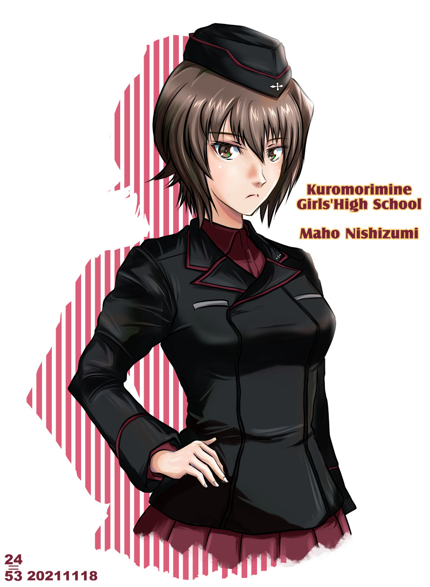 1girl artist_logo bangs black_headwear black_jacket brown_eyes brown_hair character_name closed_mouth commentary cropped_torso dated dress_shirt english_commentary eyebrows_visible_through_hair frown garrison_cap girls_und_panzer hat highres insignia jacket kuromorimine_military_uniform long_sleeves looking_at_viewer military military_hat military_uniform nishi_itsumi nishizumi_maho pleated_skirt red_shirt red_skirt shirt short_hair silhouette skirt solo uniform upper_body wing_collar