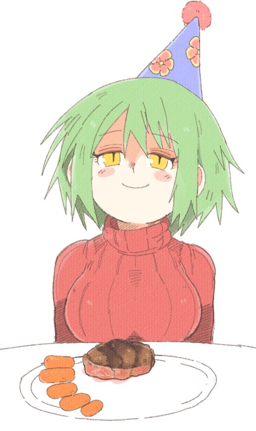 1girl birthday breasts carrot commentary eyebrows_visible_through_hair food green_hair hat hikage_(senran_kagura) inkerton-kun large_breasts looking_at_viewer party_hat red_sweater ribbed_sweater senran_kagura short_hair slit_pupils smile solo steak sweater tagme turtleneck turtleneck_sweater white_background yellow_eyes