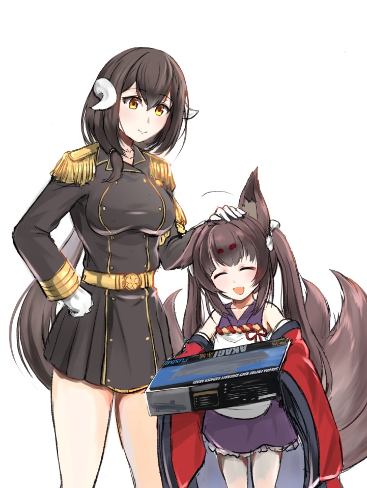 2girls ^_^ aiguillette amagi-chan_(azur_lane) animal_ears azur_lane blush brown_tail closed_eyes curled_horns epaulettes fox_ears fox_girl fox_tail gloves hand_on_another's_head headpat horns japanese_clothes kimono kyuubi mikasa_(azur_lane) military military_uniform multiple_girls multiple_tails open_mouth red_kimono rope shimenawa short_hair smile steed_(steed_enterprise) tail thick_eyebrows uniform white_gloves younger