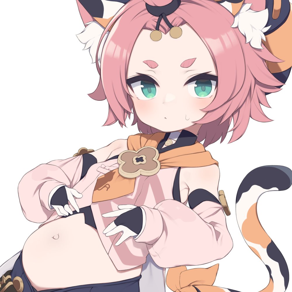 1girl animal_ears breasts bridal_gauntlets cat_ears cat_girl cat_tail diona_(genshin_impact) gamuo genshin_impact green_eyes midriff pink_hair short_hair small_breasts stomach stomach_bulge sweat tail white_background