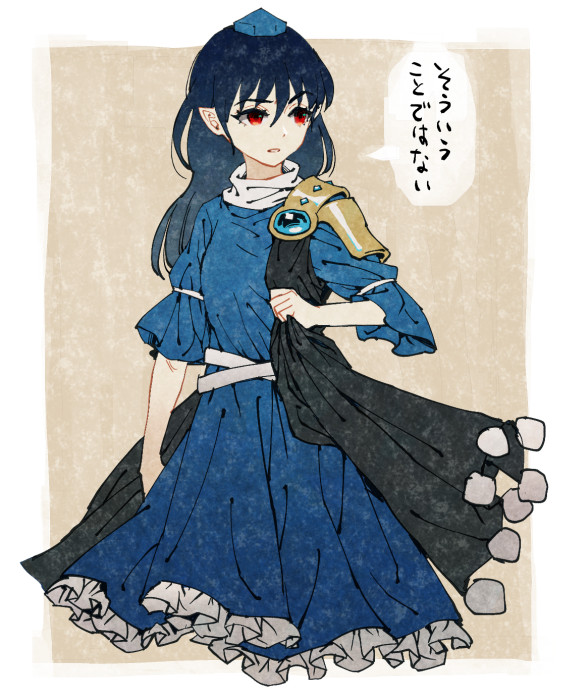 1girl armor bangs black_coat blue_dress blue_hair blue_headwear border breasts brown_background coat commentary_request crystal dress eyebrows_visible_through_hair frills gem gradient gradient_clothes gradient_dress gradient_hair grey_hair hair_between_eyes hand_up hat iizunamaru_megumu jewelry long_hair looking_to_the_side medium_breasts meimaru_inuchiyo multicolored_hair no_wings open_clothes open_coat open_mouth outside_border pointy_ears pom_pom_(clothes) puffy_short_sleeves puffy_sleeves red_eyes short_sleeves simple_background sleeveless_coat solo speech_bubble tokin_hat touhou translation_request white_border