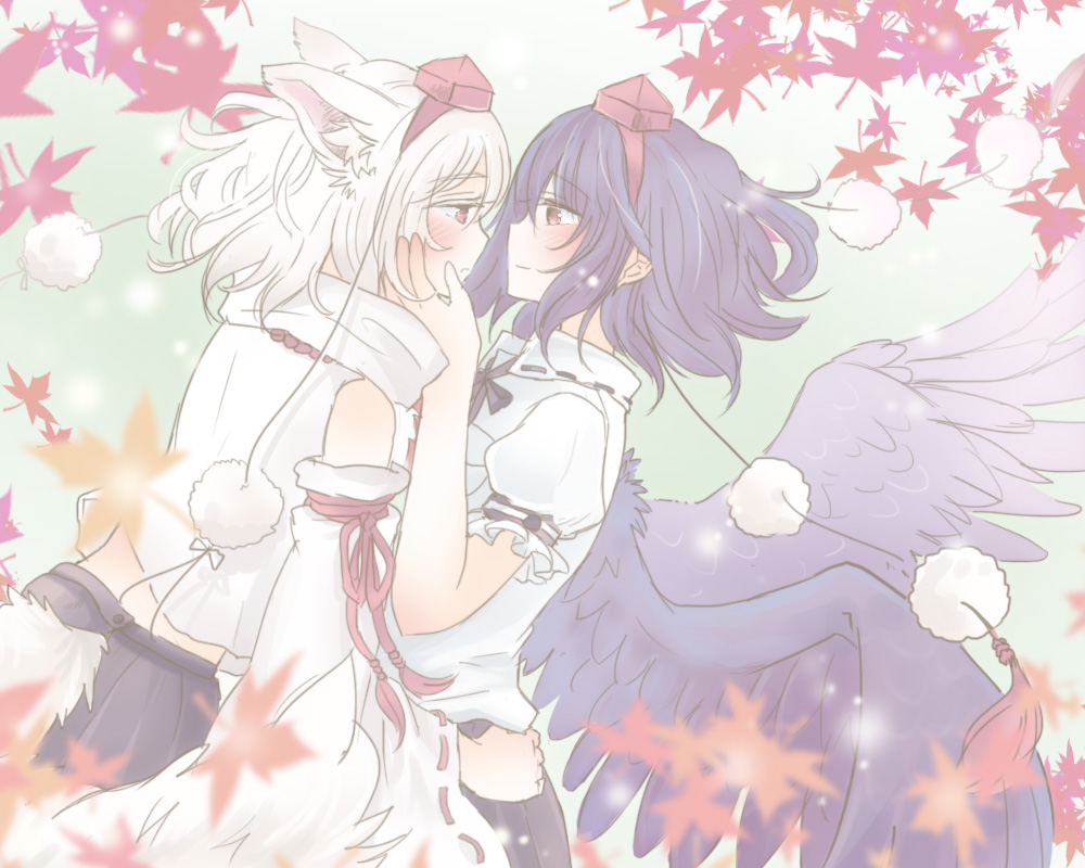 2girls animal_ears bird_wings black_hair black_skirt blush commentary_request detached_sleeves eye_contact face-to-face from_side grey_wings hand_on_another's_cheek hand_on_another's_face hand_on_another's_hip hat inubashiri_momiji leaf long_sleeves looking_at_another maple_leaf medium_hair multiple_girls nekoya_saki pom_pom_(clothes) profile puffy_short_sleeves puffy_sleeves red_eyes red_headwear red_ribbon ribbon ribbon-trimmed_sleeves ribbon_trim shameimaru_aya short_sleeves skirt tokin_hat touhou white_hair wings wolf_ears yuri