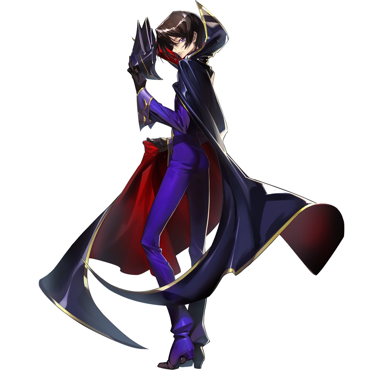 1boy adjusting_clothes black_cape black_gloves brown_hair cape code_geass code_geass:_genesic_re;code formal full_body gloves high_collar highres holding holding_mask lelouch_lamperouge long_sleeves looking_at_viewer male_focus mask official_art pants profile purple_footwear purple_pants purple_suit short_hair simple_background standing suit violet_eyes white_background zero_(code_geass)