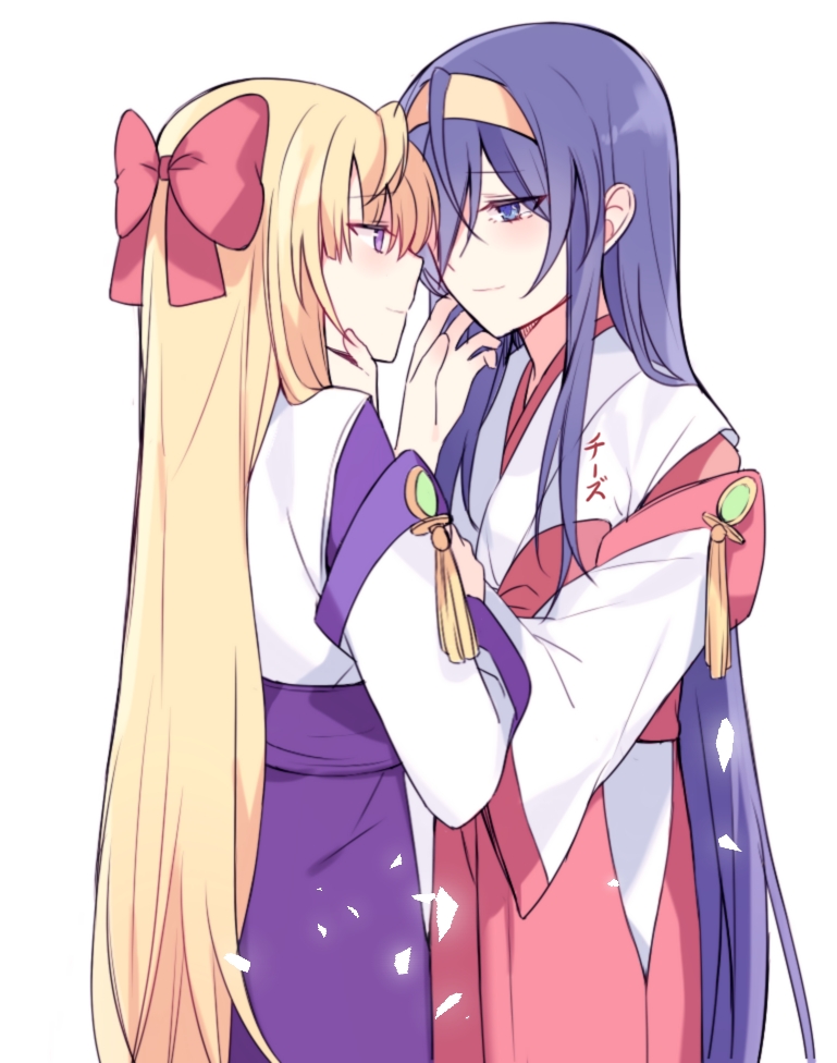 2girls bad_id bad_pixiv_id bangs blonde_hair blue_eyes blue_hair blush bow chi_zu_crazy eye_contact face-to-face hair_bow hair_over_one_eye hairband hand_on_another's_face himemiya_chikane japanese_clothes kannazuki_no_miko kurusugawa_himeko long_hair long_sleeves looking_at_another miko multiple_girls red_bow smile tearing_up very_long_hair violet_eyes white_background wide_sleeves yellow_hairband yuri