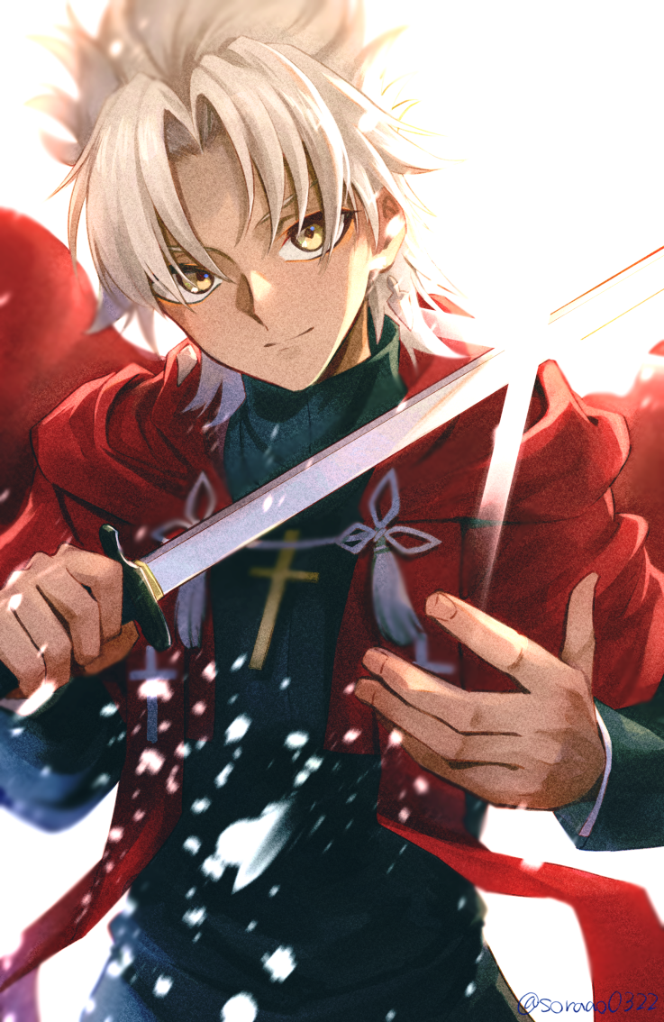 1boy amakusa_shirou_(fate) bangs brown_eyes cape commentary_request cross cross_necklace dark-skinned_male dark_skin earrings fate/apocrypha fate_(series) glint holding holding_sword holding_weapon jewelry long_hair looking_at_viewer male_focus necklace solo soraao0322 stole sword weapon white_hair yellow_eyes