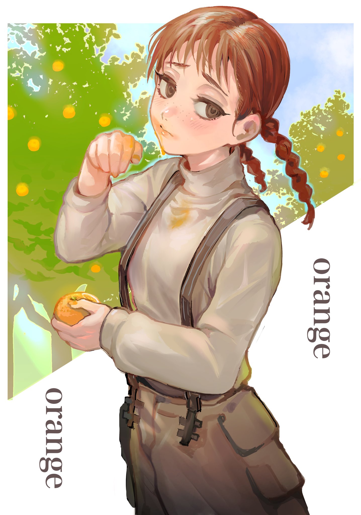 1girl blue_sky blush brown_eyes brown_hair closed_mouth clouds dripping english_text fingernails food fruit half-closed_eyes highres holding holding_food holding_fruit long_fingernails maido_mido medium_hair orange_(fruit) orange_nails original outdoors overalls sky sleeves_past_wrists solo tree turtleneck twintails wiping_face