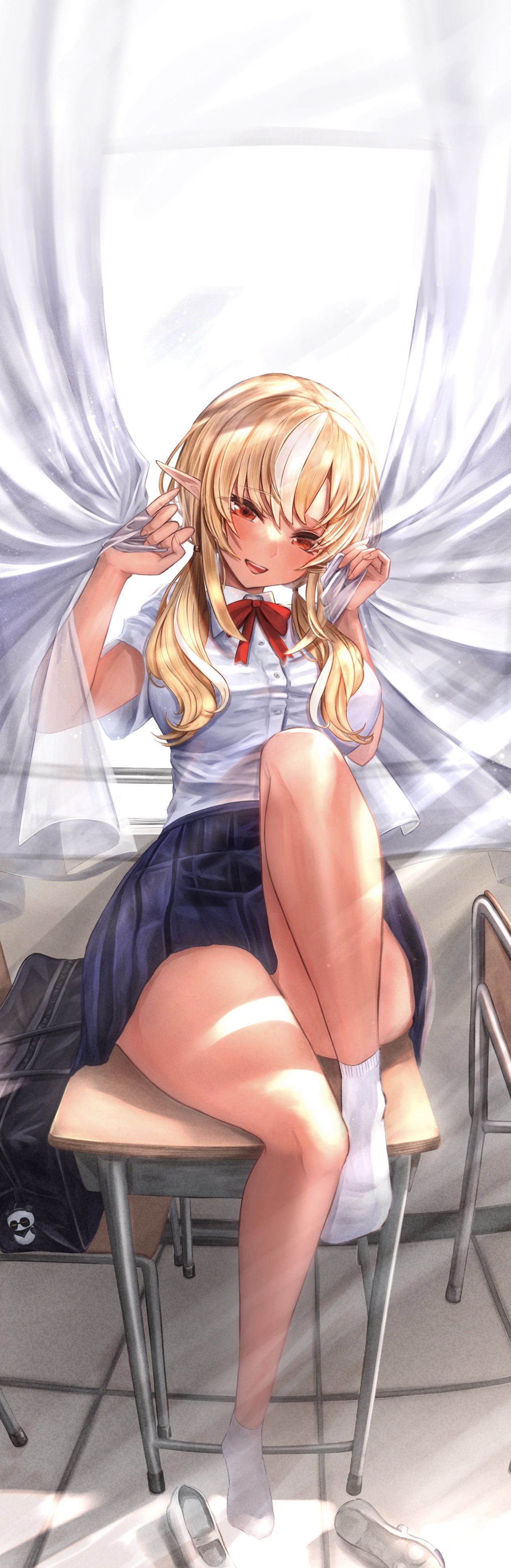 1girl absurdres bag bangs blonde_hair blue_skirt blush bow bowtie breasts commentary_request curtain_grab curtains dark-skinned_female dark_skin desk elf eyebrows_visible_through_hair eyelashes full_body hands_up head_tilt highres hololive knee_up large_breasts leaning_back legs loafers long_hair looking_at_viewer maisondecante46 multicolored_hair no_shoes panda pleated_skirt pointy_ears red_bow red_bowtie red_eyes school_bag school_desk school_uniform shadow shiny shiny_hair shiranui_flare shirt shoes shoes_removed short_sleeves sidelocks sitting skirt smile socks solo streaked_hair teeth thighs twintails virtual_youtuber white_footwear white_hair white_legwear white_shirt window